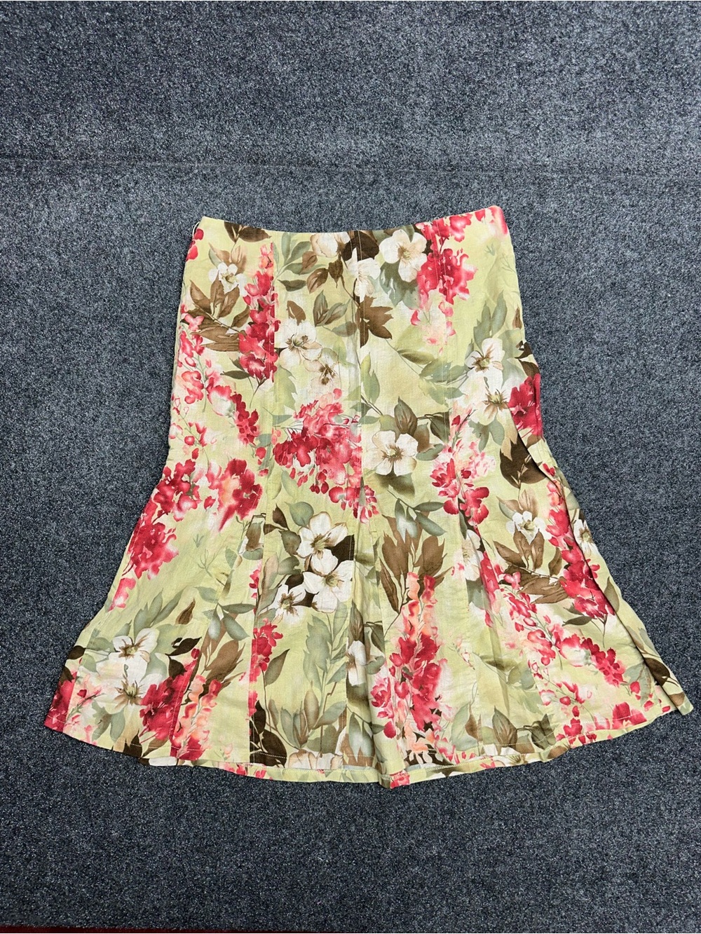 Vintage Linen flare midi skirt euro summer tropical floral boho natural fiber 16
